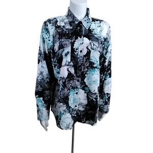 Apt 9 Womens Floral Button Down Shirt Teal Black White Long Sleeve Size L